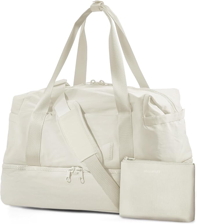 Weekender Bags for Women, BAGSMART Travel Duffel Bags with Shoe Compartment,Personal Item Travel Bag for Airlines, Carry on Overnight Tote Bag with Toiletry Bag (Light Beige,2pcs) by BAGSMART
