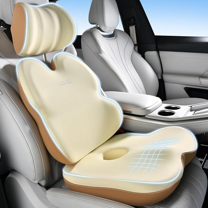 Coverado Truck Seat Cushion and Lumbar Support Headrest Pillow Memory Foam Ergonomic Car Cushion Back Neck Support Pillow Sciatica & Back & Tailbone Pain Relief Car Cushions for Driving Coffee&Beige by COVERADOAUTO