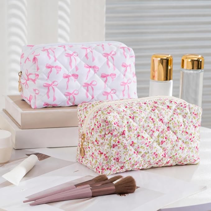 Makeup Bag Travel Toiletry Bag for Women, Small Cosmetic Bags Cute Quilted Cotton Makeup Pouch for Purse Emergency Bag Pencil Case Accessory Bag, Ribbon Bow - Image 7