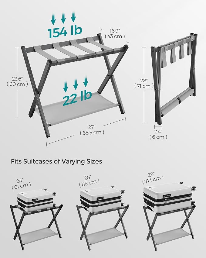 SONGMICS Luggage Rack, Foldable Suitcase Stand with Storage Shelf | Steel Frame, for Guest Room, Hotel, Bedroom, Slate Gray, URLR003G01 - Image 3