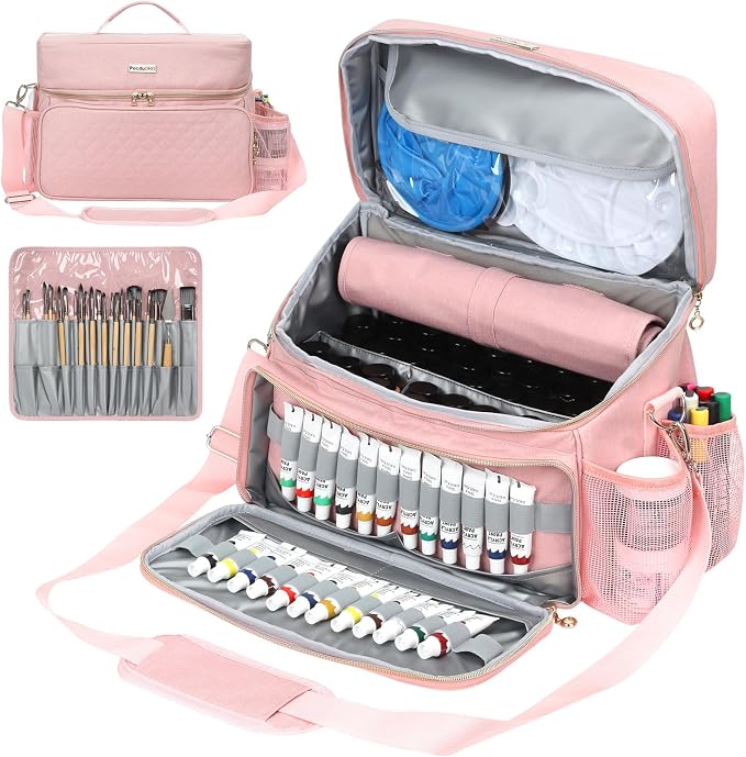 Acrylic Paint and Brush Set Organizer Bag - Carrying Case Compatible with Apple Barrel, Shuttle Art, Caliart Art Supplies - Includes Detachable Paint Brush Holder - for Home/Travel/Outdoor (Pro Pink) by SOLDWELLALLOVERTHEWORLD