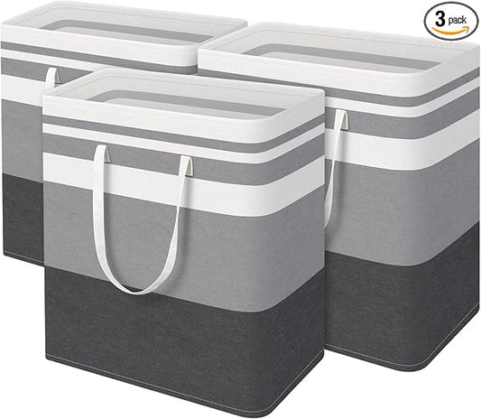 BlissTotes 3-Pack Laundry Basket, Freestanding＆Waterproof Laundry Hamper, Collapsible Tall Clothes Hamper with Easy Carry Handles for Clothes, Towels in the Family and Dorm,Gradient Grey,125L by BlissTotes