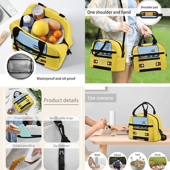 Cartoon School Bus Backpack for Girls Boys School Bookbags with Lunch Tote Bag Insulated Lunchbox Pencil Case Lightweight Elementary Primary Schoolbag Casual Rucksack 3 In 1 Set - Image 3