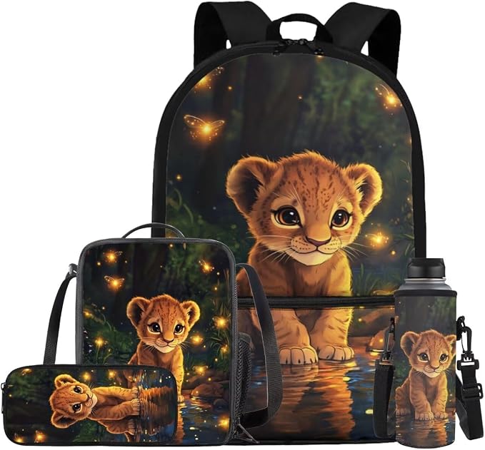 Cute Lion Backpack for Kids Boys Backpack with Lunch Box Water Bottle Carrier and Zipper Pencil Case 4PCS Set Bookbag with Front Pocket for School 17 inch Elementary School Bag for Girls by ELEDIZI