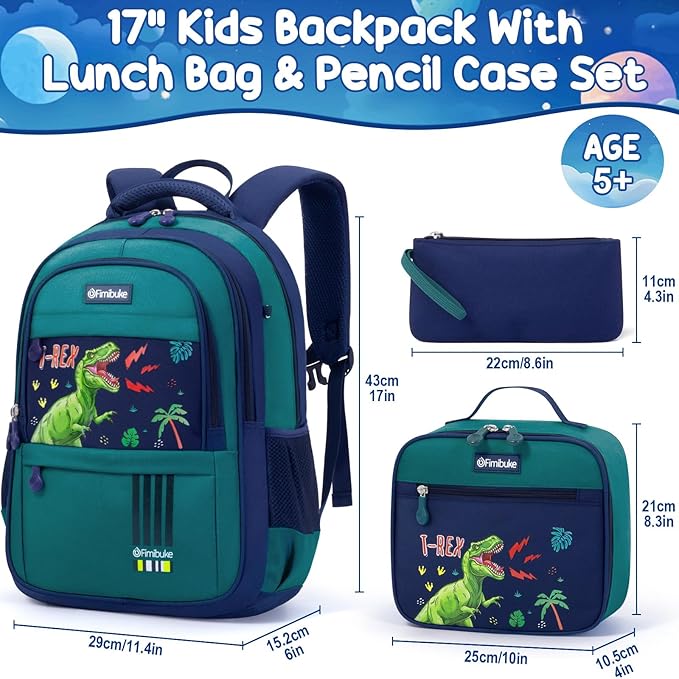 Fimibuke Kids Backpack for School Boys - 3 PCS Waterproof Teen Boy Backpack with Lunch Box & Pencil Pouch Set, School Bag Bookbag Daypack for Kindergarten Elementary Middle School, Age 5+(Dinosaur) - Image 2
