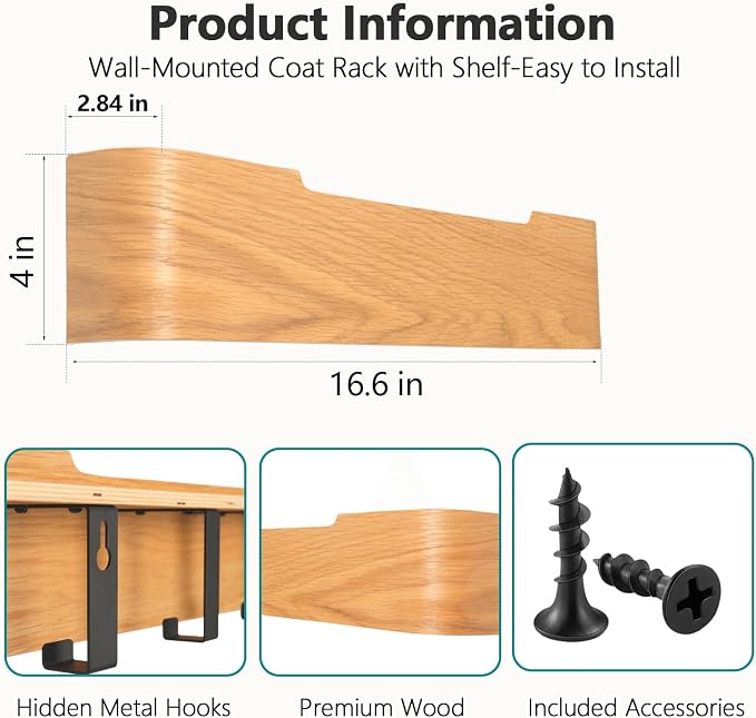 Coat Rack Wall Mount with Hidden Hooks Modern Key Holder Wood Entryway Hook with Shelf for Bedroom Kitchen Hallway Bathroom Designed for Hanging Coats Hats Bags Towels Dog Leashe(Oak,4 Hooks) - Image 3