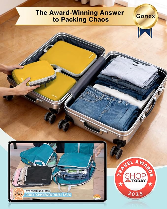 Gonex Compression Packing Cubes, 4pcs Expandable Storage Travel Luggage Bags Organizers (Apricot) - Image 2