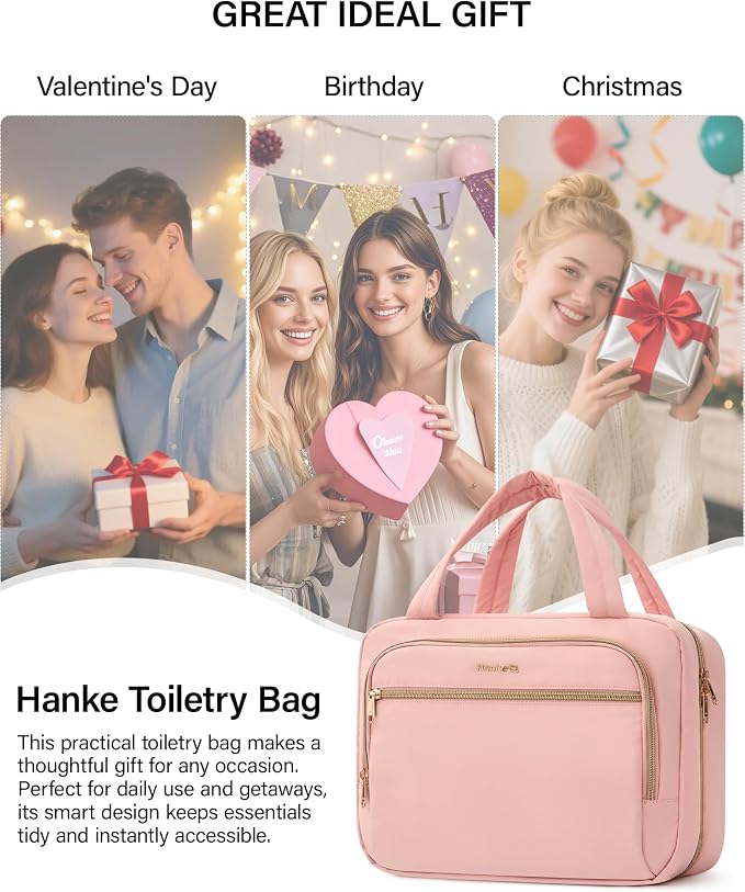 Hanke Hanging Travel Toiletry Bag for Women, Water-Resistant Makeup Organizer with Hook, Cosmetic Bag for Bathroom & Travel Essentials Accessories, Pink - Image 8