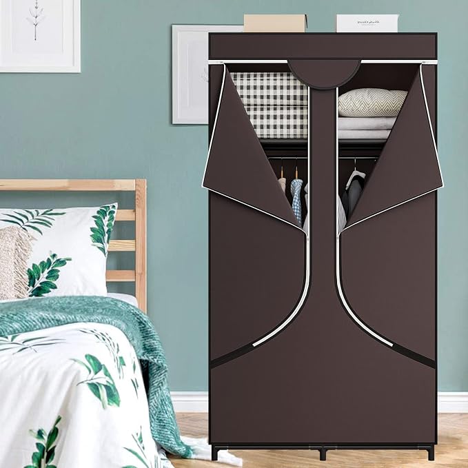 SORCEDAS Portable Wardrobe Closet Storage Organizer Metal Hanging Rack Non-Woven Fabric 34 Inch Coffee (34 Inch, Coffee) - Image 2