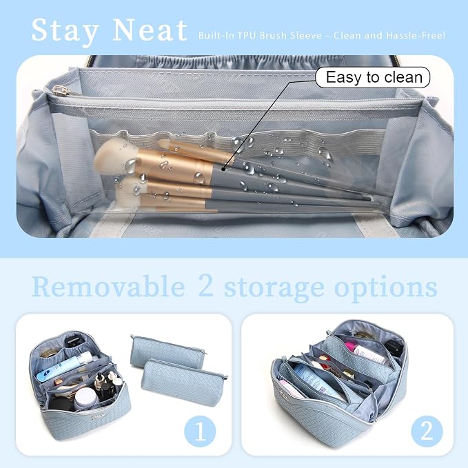 BOYATU Travel Makeup Bag Cosmetic Bags for Women: Large Capacity 3 Pcs Set Make up Bag with Compartments - Waterproof Vegan Leather Toiletry Organizer Bags with Handle (L04 Light Blue) - Image 4