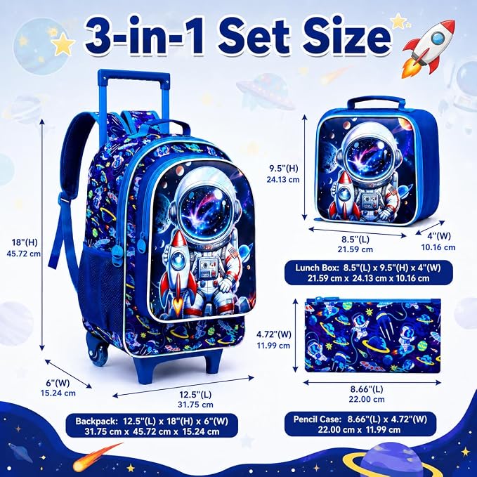 AGSDON 3PCS Rolling Backpack for Girls Boys, Kids Roller Wheels Bookbag, Wheeled School Bag with Lunch Bag - Image 5