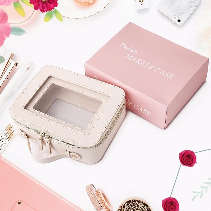 Pinkmik Clear Makeup Bag for Women Waterproof Travel Cosmetics and Toiletries Case Portable Makeup Oaganizer Bag Clear Car Bag with Zipper (Beige, L) - Image 7