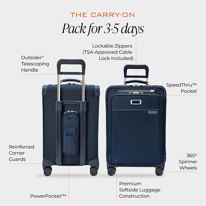 Briggs & Riley Essential 22" Carry On Expandable Spinner - Luggage for Travel, Suitcases with Wheels, Softside Rolling Bag for Men & Women, Self-Repairing Zipper - Baseline Collection, Navy - Image 3