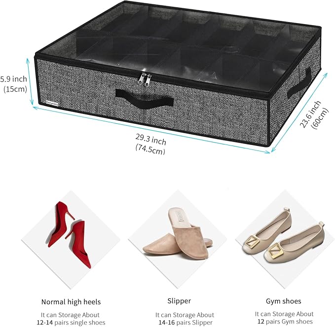 Onlyeasy Sturdy Under Bed Shoe Storage Organizer, Set of 2, Fit 12 to 24 Pairs, Underbed Shoes Closet Storage Solution with Clear Window, Breathable, L29.3 x W23.6 x H5.9, Linen-like Black, MXAUBSB2P - Image 2