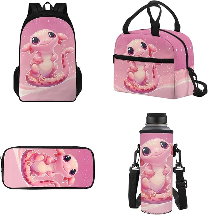 School Backpack with Lunch Bag for Boys Girls Pencil Bag Water Bottle Sling for School, Cute Axolotl School Bag Bookbag Rucksack Primary Middle Knapsack Set by Tomeusey