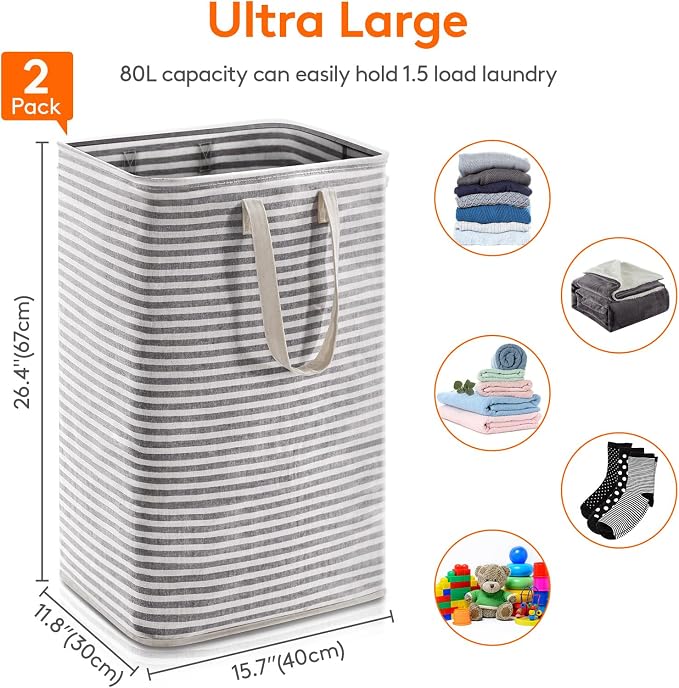 Lifewit 2 Pack Laundry Basket 80L Each, Collapsible Clothes Hamper with Reinforced Handles, Freestanding Waterproof Design for Bedroom and Laundry Room, Black 160L Total - Image 3