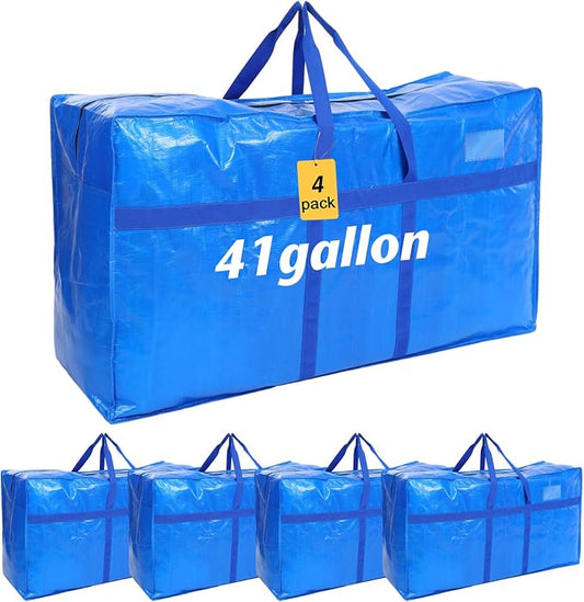 Windyun 4 Pack 41 Gallon Extra Large Moving Bags XXL Heavy Duty Storage Bag with Strong Zipper Handle Jumbo Big Tote Box Foldable for College Dorm Travel Clothes Duffle Blanket Pillow(Blue) by Windyun