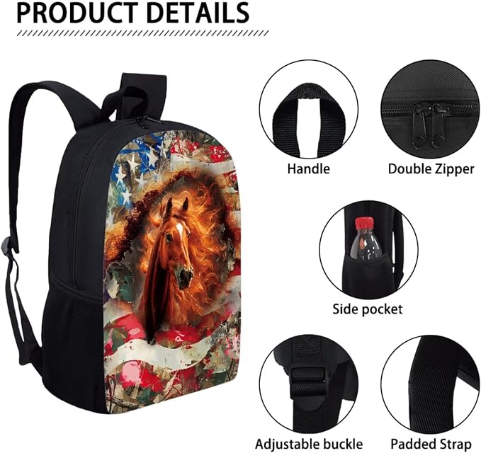 American Flag Horse Print Lightweight Backpack Set with Shoulder Lunch Bag Independence Day, Pen Bag, Camo Forest Print School Students Daypack, Middle School Students Knapsack Set for Kids - Image 4
