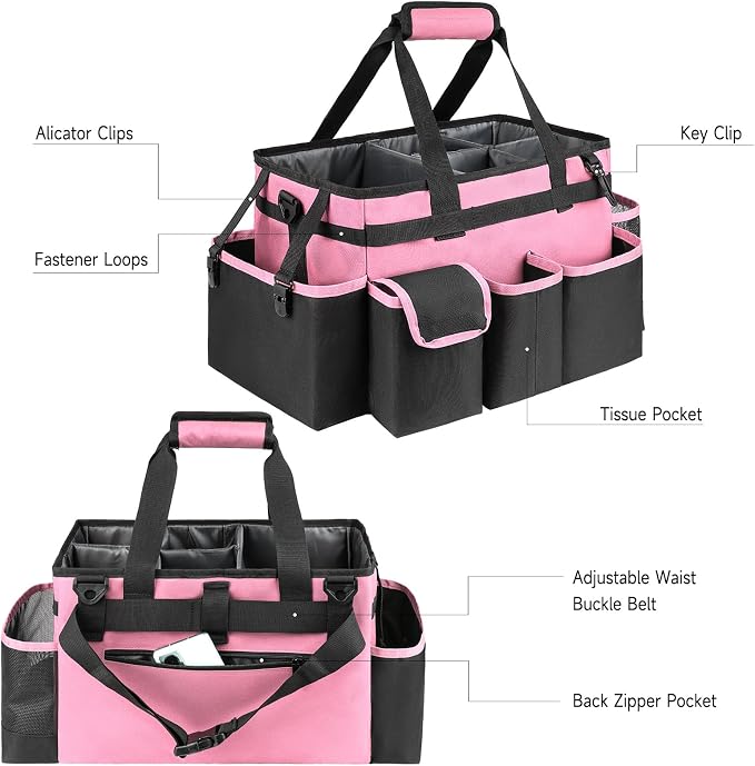 Cleaning Caddy,Large Cleaning Bags for Housekeepers,Cleaning Supplies Organizer with Handle,Pink - Image 3