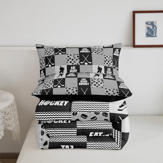 Ice Hockey Comforter Sets For Boys Full Black White Grey Winter Sports Games Down Comforter Kids Teen Room Decor,Hockey Pucks Player Bedding Set Geometric Checkered Stripes Quilt Duvet 2 Pillow Cases - Image 7