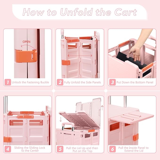 FELICON SELORSS Folding Utility Cart Portable Rolling Crate Handcart-Pink | Adjustable Handle+Extended Magnetic Lid,Storage Basket Box,4 Swivel Wheels Tote for Teacher Move Shop Travel Grocery Office - Image 7