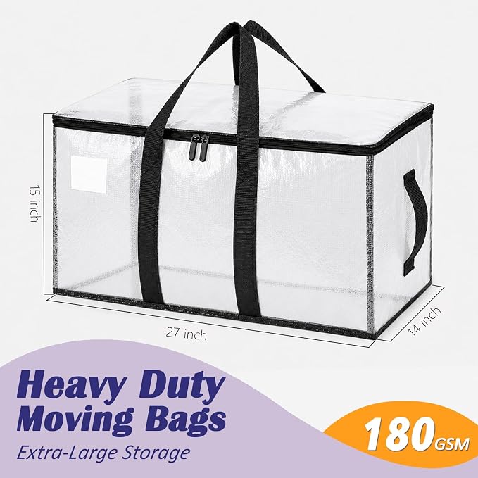 Songrey Heavy Duty Moving Bags, 4 Pack Large Storage Bags with Zipper & Handles, Waterproof Totes Bags for Clothes Packing, Moving, College Supplies, Home Organization - Image 2