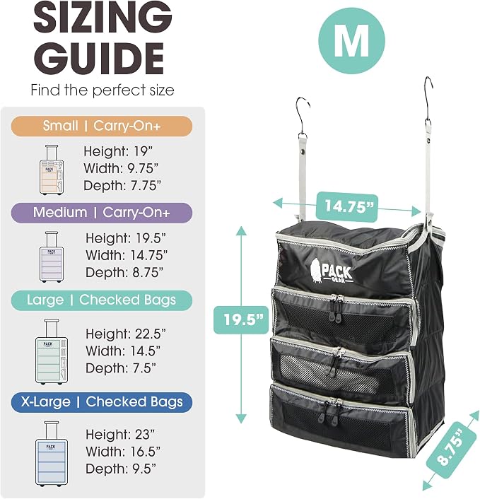 Pack Gear Hanging Carry-On Organizer - Our Fitted Hanging Luggage Organizer Perfectly Fits Any Carry On - Our Packing Cubes For Travel Use Mesh Windows to Make Finding Clothes Easy (Black, M) - Image 2