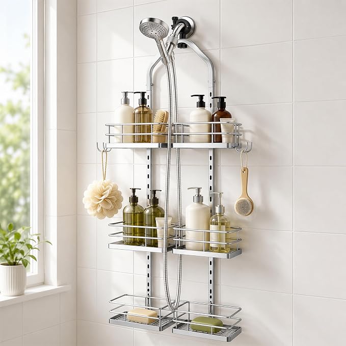 3-Tier Hanging Shower Caddy, Stainless Steel with Dual Clamp, Silver | Heavy-duty stainless steel, adjustable shelves for large families, Rustproof, tool-free install, Fits handheld showerheads by YTYLSJ