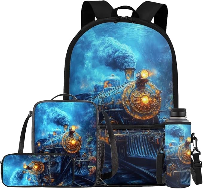Train Backpack for Boys Kids Backpack with Lunch Box Water Bottle Holder and Soft Pencil Pouch 4PCS Set Lightweight Bookbag with Front Pocket 17 inch Large Capacity Elementary School Bag by ELEDIZI