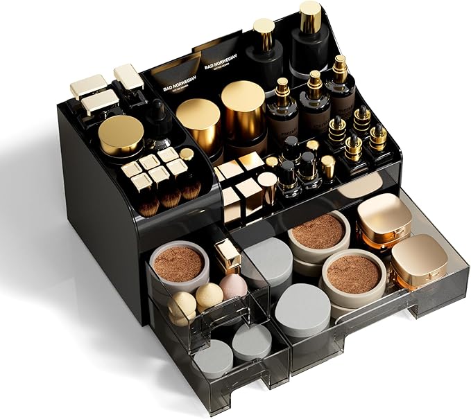 Extra Large Makeup Organizer for Vanity,Countertop Organizer with Drawers and Brush Holder,Men’s Cologne Organizer for Bathroom,Cosmetic Skin Storage for Lipsticks,Nail Polish & Shaving Lotion,Black - Image 4