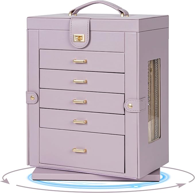 AKOZLIN 6-Tier Jewelry Box Organizer Functional 5 Drawers Leather Jewelry Storage Case for Women Girls Ring Necklace Earring Bracelet Holder Organizer with Mirror XL Purple 360° Rotating - Image 7