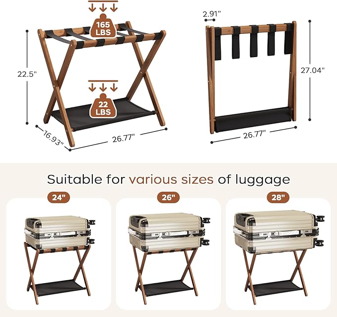 Fully Assembled Walnut Luggage Racks Set of 2, Bamboo 26.77" Luggage Rack Stand for Guest Room, 5 Nylon Straps, Foldable Suitcase Stand with Storage Shelf for Bedroom Hotel, Holds up to 165 Lbs - Image 2