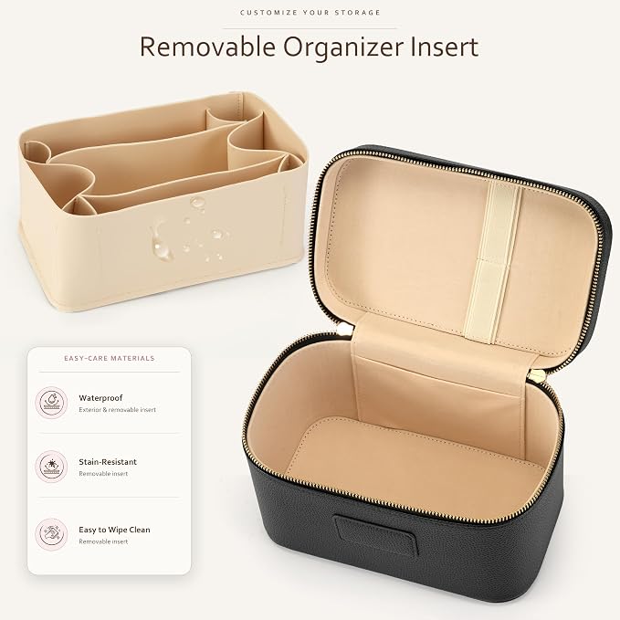 Makeup Bag Travel Toiletry Leather Cosmetic Case, Waterproof Makeup Organizer with Brush Holder, Wipe Clean Removable Divider Vanity Train Bag for Women, Black - Image 2