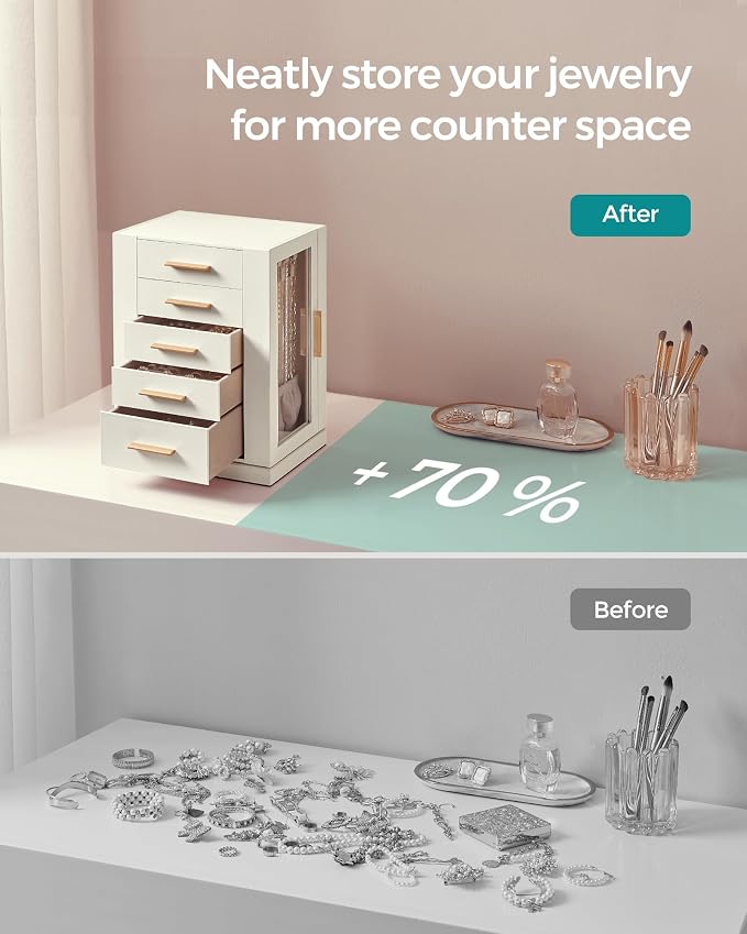 SONGMICS GISELLA Collection - Jewelry Box Organizer 360° Rotating, Vertical Jewelry Storage Case with 5 Drawers, Glass Window, Spacious, Open Design, Great Gift, Cloud White UJBC170W01 - Image 7