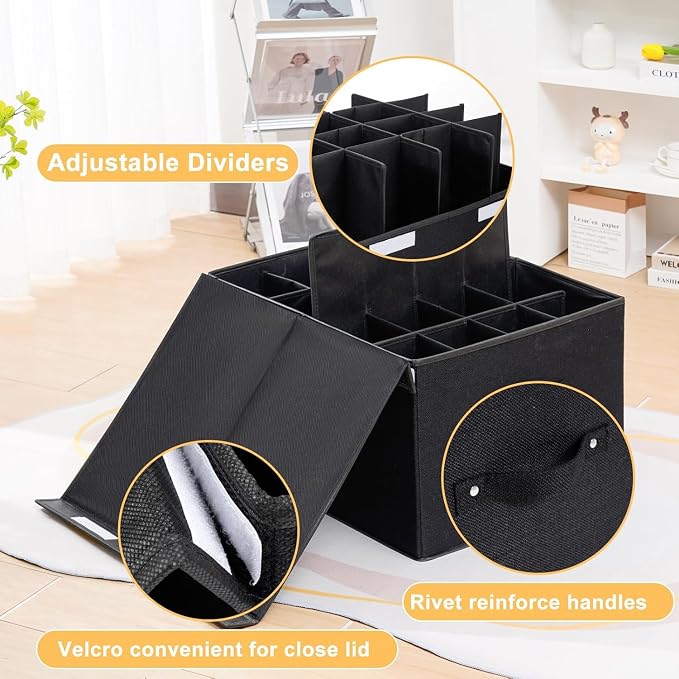 2 Pack Shoe Organizer for Closet, Foldable Shoe Storage Box with Adjustable Dividers, Large Space Saving Shoe Storage Container Fits up to 16 Pairs with Reinforced Handles (Black) - Image 4