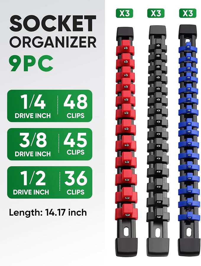 ALOANES 9PC Socket Organizer, Socket Rails Fit 1/2", 1/4" and 3/8" Drive | Heavy Duty ABS Socket Holders Hold 129 Sockets for Toolbox Drawer Bags(3Color) - Image 2