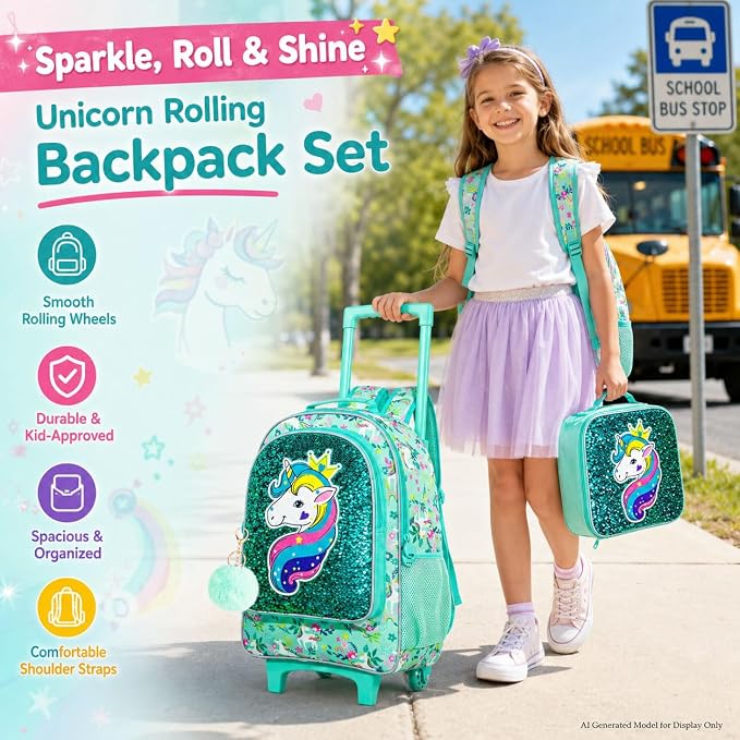 AGSDON 3PCS Rolling Backpack for Girls Boys, Kids Roller Wheels Bookbag, Wheeled School Bag with Lunch Bag - Image 7