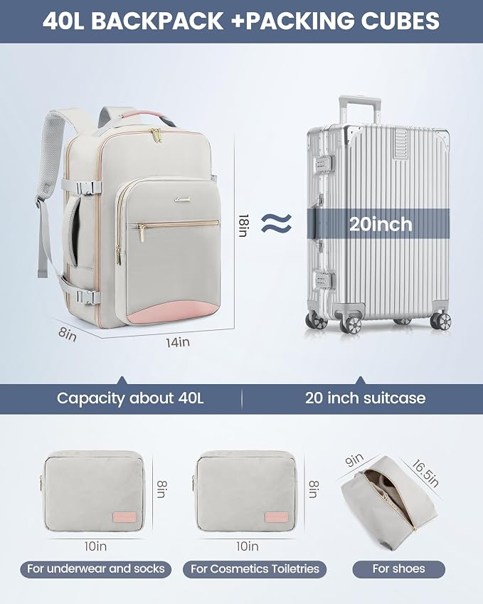 LOVEVOOK 40L Travel Backpack Flight Approved Carry on Backpack,3 Packing Cubes,Waterproof Personal Item Travel Bag,TSA Carry on Luggage Suitcase Travel Essentials,Gifts for Women & Men,fits 17" Laptop - Image 7