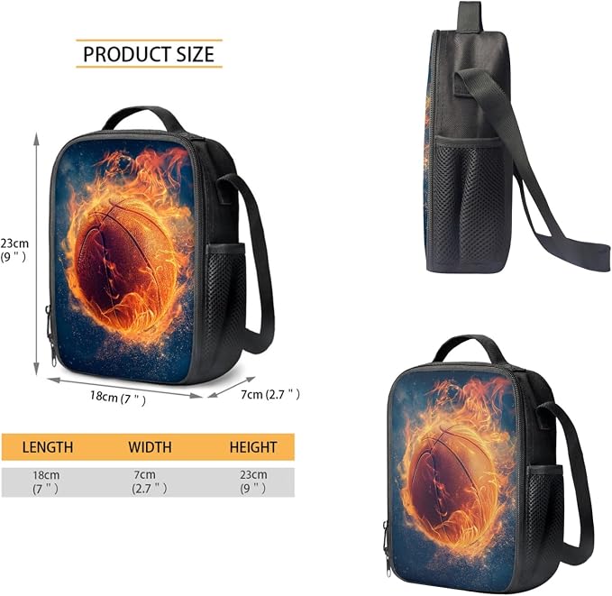 Coloranimal Fire Basketball Backpack Set Included 1Pcs School Bag 1Pcs Mini Lunch Bag 1Pcs Pencil Case Bookbag for Teen Boys Girls Hiking Camping Travel Bag - Image 3