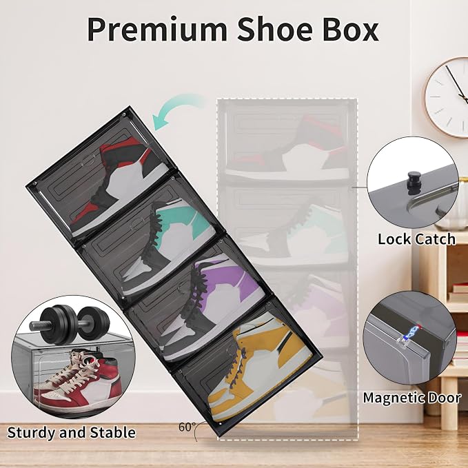 Large Shoe Boxes Clear Plastic Stackable, 8 Pack Drop Side Shoe Storage Organizer with Magnetic Door, Shoe Container Sneaker Storage Display Case Fit up to US Size 13 Black - Image 3