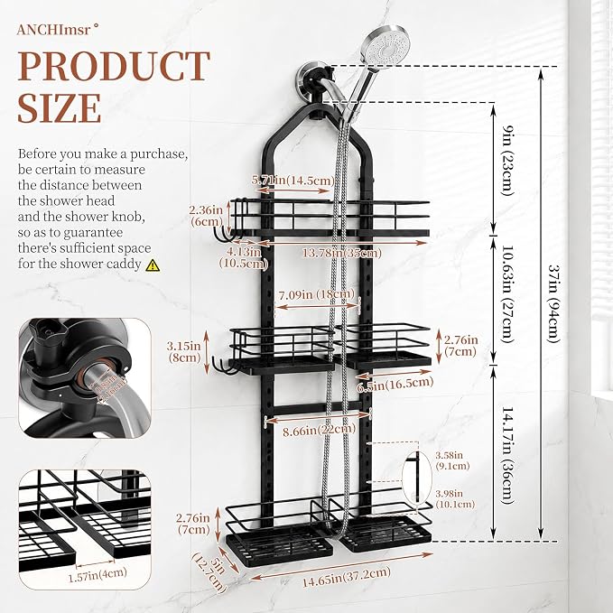 3-Tier Adjustable Hanging Shower Caddy for Handheld Showerhead, Black | Rustproof Shower Rack Baskets, Anti-Swing Hanging Shower Organizer for Bathroom Storage with 2 S-Hooks, Large Capacity - Image 2