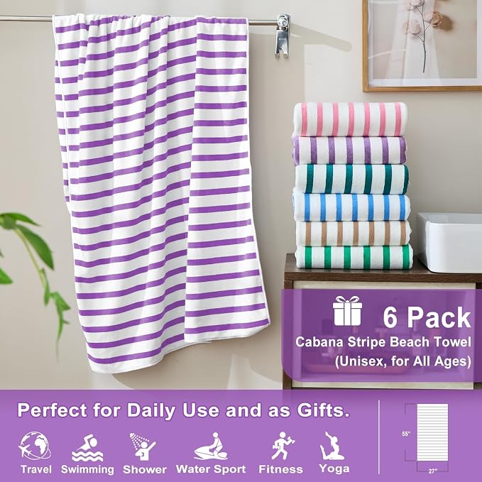 JML Microfiber Beach Towels, 6 Pack, 27" x 55", Large Bath Towel Set for Adult- Cabana Stripe - Absorbent, Quick Drying Lint-Free, No Fading for Summer Party, Pool, Sport, Yoga, Swimming, Purple - Image 2
