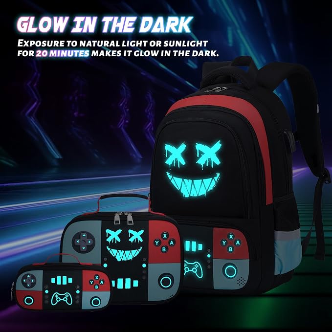 Bevalsa Backpack for School Boys, Cool Luminous Gamer Boys Schoolbag with Lunch Box & Pencil Case Set for Kids Teens Elementary Middle School, Bookbag Glow In The Dark(Red Blue Smile Backpack) - Image 2