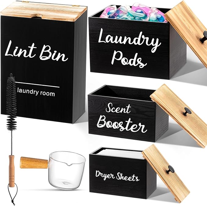 Dandat 4 Pcs Magnetic Laundry Pod Holder Laundry Room Container Set, Lint Bin with Scoop and Brush Dryer Sheet Holder, Scent Booster Container Rustic Gift Wood Farmhouse Room Decorcontainer(Black) by Dandat