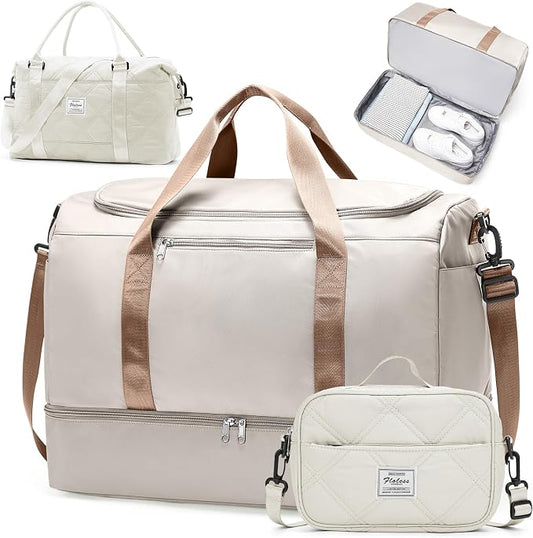 Extra Large Travel Duffle Bag,Carry on Overnight Bag with Shoes Compartment,Weekender Bags for Women for Travel Business Trips Sport Hospital,3 Pcs Set,Beige & Brown by SYCNB
