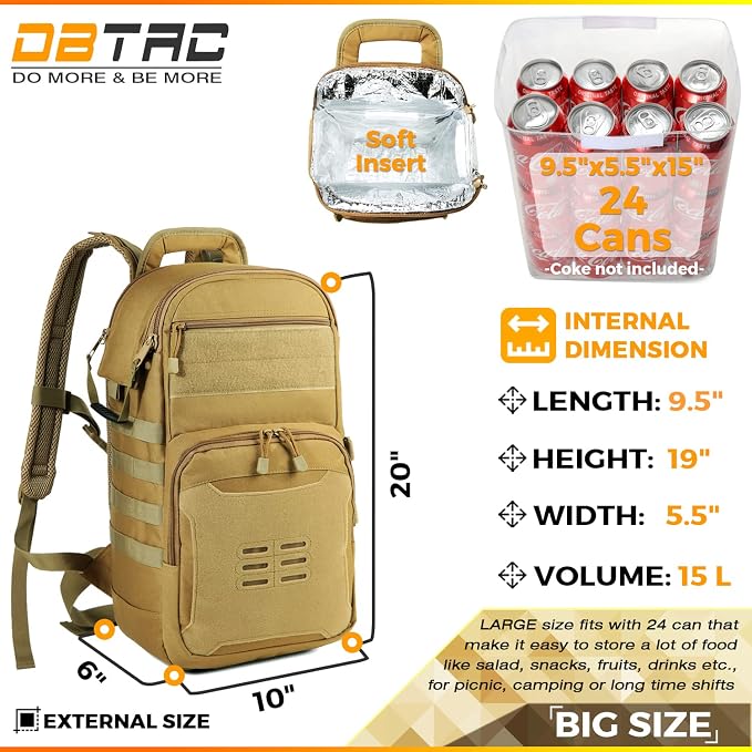 DBTAC Tactical Lunch Backpack, Large Lunch Cooler for Men Women | Backpack Coolers insulated for Work Picnic Travel (Brown, 24-Cans) - Image 3
