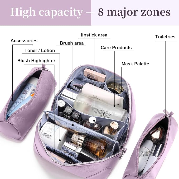 BOYATU Travel Makeup Bag Cosmetic Bags for Women: 3 Pcs Set Large Capacity Make up Bag with Handle - Waterproof Vegan Leather Toiletry Bags Travel Essentials with Compartments(C-4-Purple) - Image 5