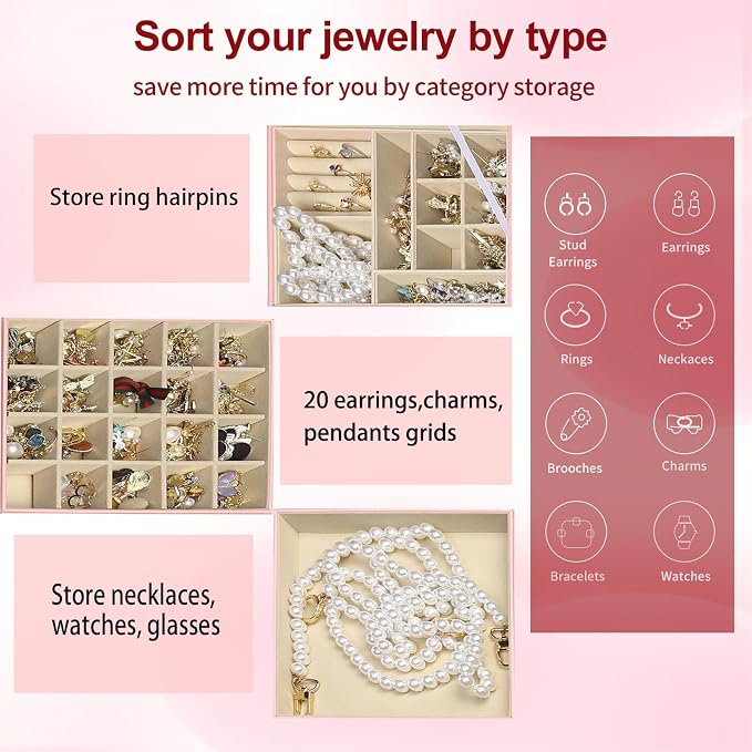 BOOVO Clear Lid Jewelry Box,3 Layers Jewelry Organizer Large Jewelry Storage Box with 2 Drawers,Jewelry Holder Organzier of Rings Earrings Necklace Bracelets for Women (Pink, 3 Layer) - Image 5