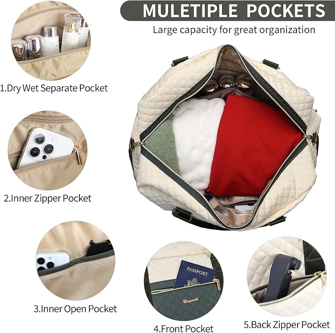 Wogarl 3PCS Weekender Bags for Women Large Overnight Bag Weekend Travel Duffel Bag Carry on Shoulder with Shoe Compartment Canvas Toiletry Bag for Travel Business Gym,Black Beige Green - Image 4