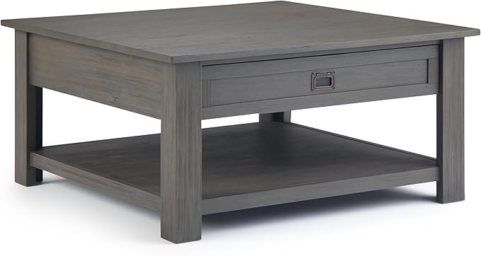 SIMPLIHOME Monroe Square Coffee Table - 38 inch Wide Solid Acacia Wood Living Room Table in Farmhouse Grey, Rustic Cocktail Table for Family Room or Lounge with 2 Drawers and Open Shelf